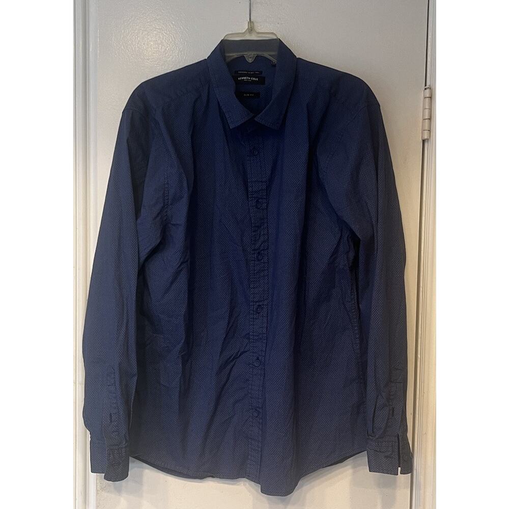 Kenneth Cole Reaction XXL  Dark Blue Long Sleeve Men Dress Shirt Button Up